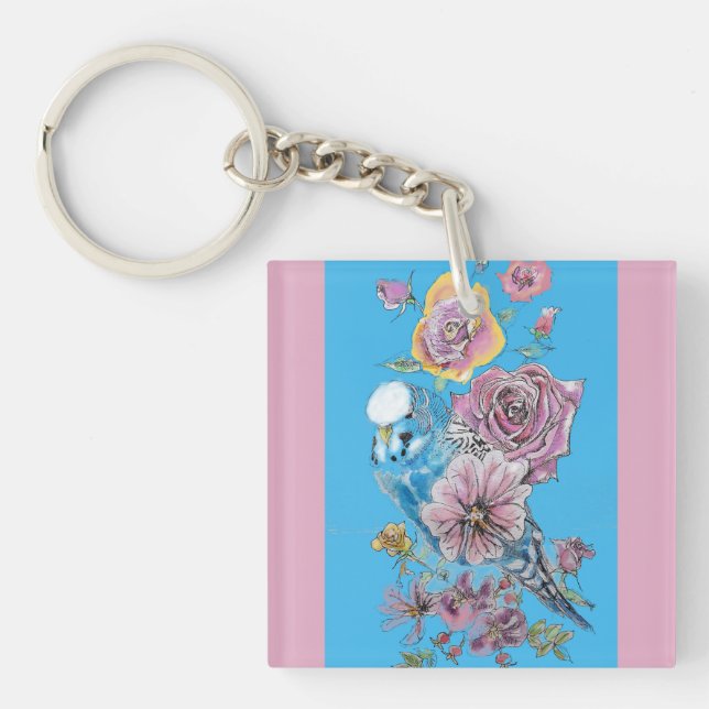 Porte-clés Blue Budgie Cute Whimsical Rose filles Bleues (Devant)