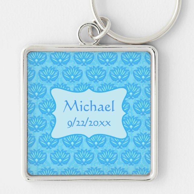 Porte-clés Blue Damask Baby Boy Nom Personnalisé (Devant)