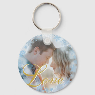 Porte-clés Blue Snowflakes Christmas Love Photo personnalisée