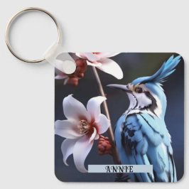 Porte-clés Bluejay et Fleurs Nom personnalisé