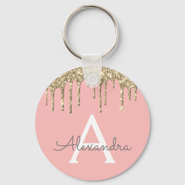 Porte-clés Blush Rose Pailleté Paillettes Monogramme Doré (Recto)