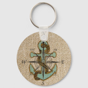 Porte-clés boho chic burlap nautique boussole bleu ancre