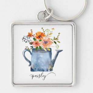 Porte-clés Boho Rust Orange Aquarelle Fleurs Arrosage Can