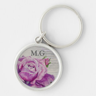 Porte-clés Bois rustique Aquarelle violet Rose Monogramme