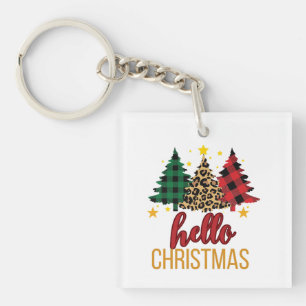 Porte-clés Bonjour noël Empreinte de léopard Plaid Trees port