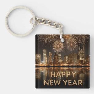 Porte-clés "Bonne année" avec feux d'artifice sur une ville