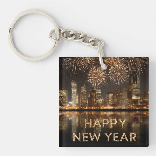 Porte-clés "Bonne année" avec feux d'artifice sur une ville (Devant)
