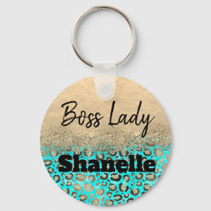 Porte-clés Boss Lady Glittery Turquoise Leopard Personnalisé