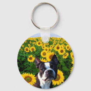 Porte-clés Boston Terrier in Sunflowers keychain