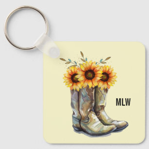 Porte-clés Bottes rustiques Cowboy avec tournesol
