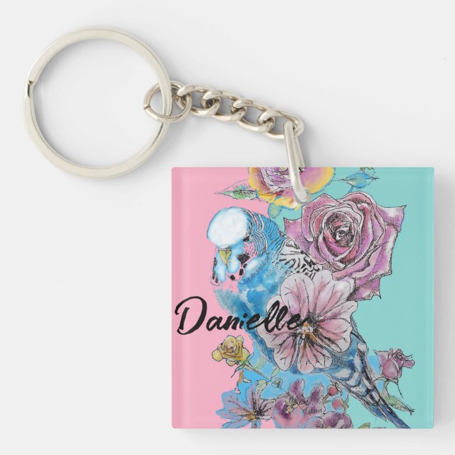 Porte-clés Boucle à clé fleurie Rose Budgie Budgies bleu (Devant)