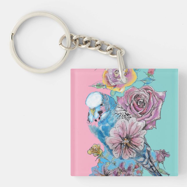 Porte-clés Boucle à clé fleurie Rose Budgie Budgies bleu (Devant)