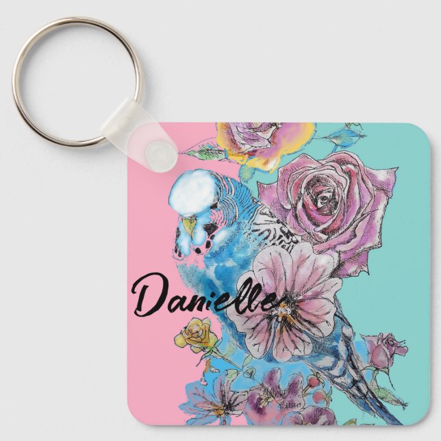 Porte-clés Boucle à clé fleurie Rose Budgie Budgies bleu (Recto)