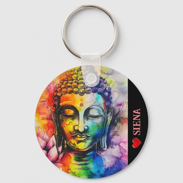 Porte-clés Bouddha d'aquarelle colorée moderne Nom (Verso)