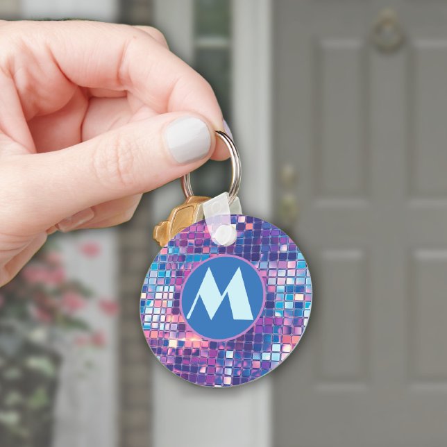 Porte-clés Boule Disco Bleu super & Violet Personnalisée (groovy blue and purple disco ball monogram personalized key chain)