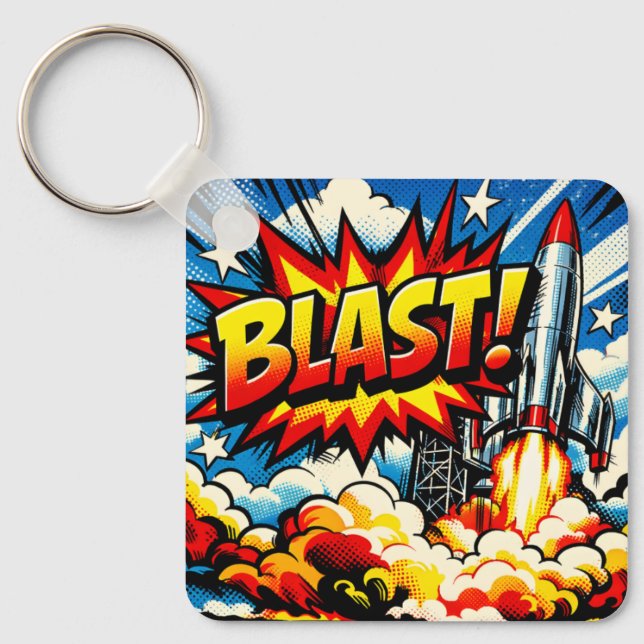 Porte-clés BOUM ! Explosion de fusée d'art pop rétro (Recto)