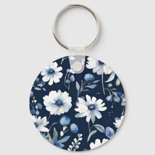 Porte-clés Bouquet de fleurs Elégante aquarelle Bleu