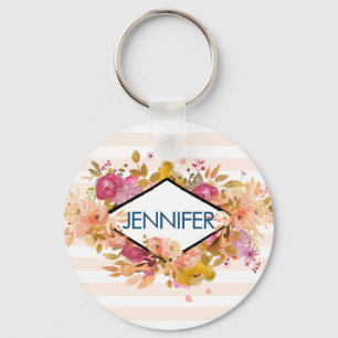 Porte-clés Bouquet floral orange et rose avec cadre diamant