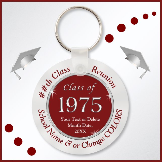 Porte-clés Bourgogne et Blanc Classe de 1975 Cadeaux, Porte - (Burgundy, White and Silver, Class of 1975 Reunion, party favors. Class of 75 souvenirs. Class of 75.)