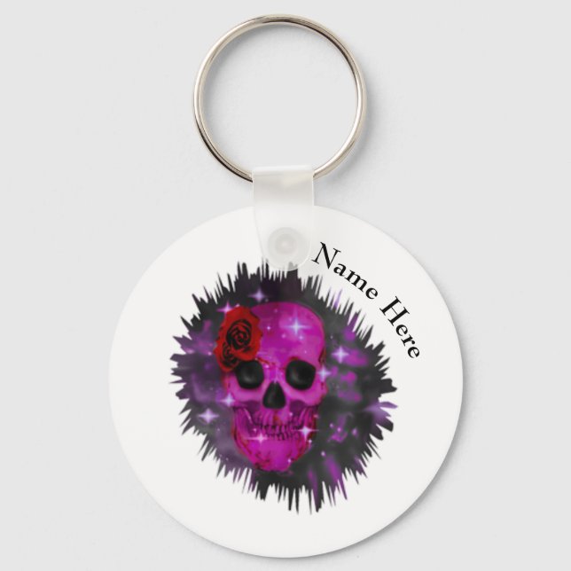 Porte-clés Bouton blanc gothique du crâne et du Rose (Recto)