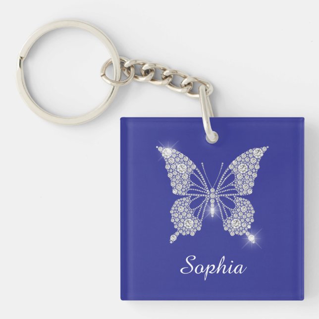 Porte-clés Bouton Diamant Blanc, Nom du script, Bleu Profond (Devant)