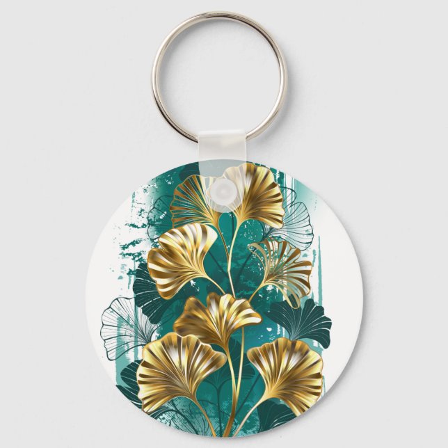 Porte-clés Branche avec Feuilles d'or Ginko Biloba (Recto)