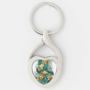 Porte-clés Branche avec Feuilles d'or Ginko Biloba