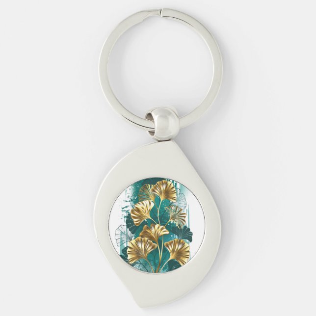 Porte-clés Branche avec Feuilles d'or Ginko Biloba (Devant)