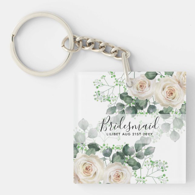 Porte-clés Bridesmaid Cadeaux Roses Blanches Thème Personnali (Devant)