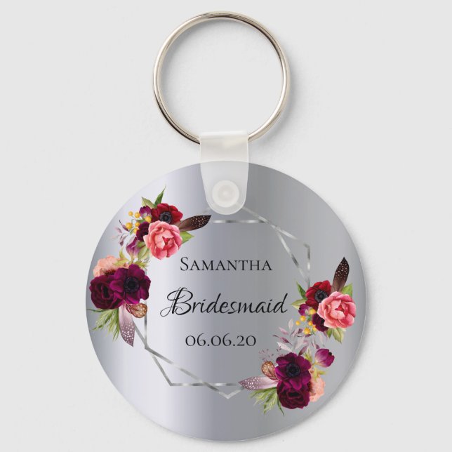 Porte-clés Bridesmaid floraux d'argent bordeaux (Recto)