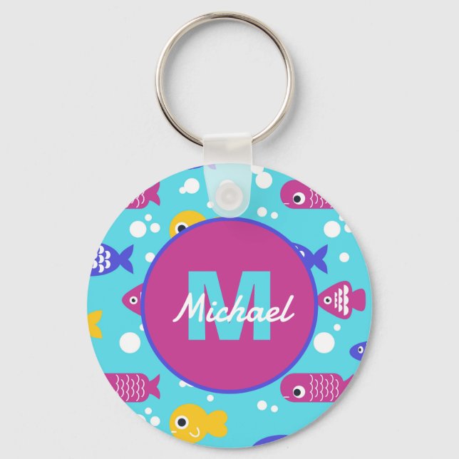 Porte-clés Bright Colorful Cartoon Fish Pattern Kids Name (Recto)