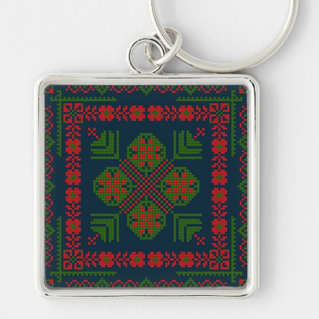 Porte-clés Broderie palestinienne Tatreez rouge vert 5 Motif (Devant)