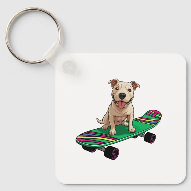 Porte-clés Bull Terrier anglais sur skateboard (Recto)