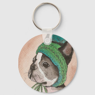 Porte-clés Bulldog français avec bonnet de laine