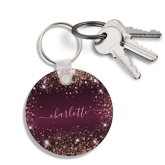 Porte-clés Burgundy rose gold pailleté nom script (Créateur téléchargé)