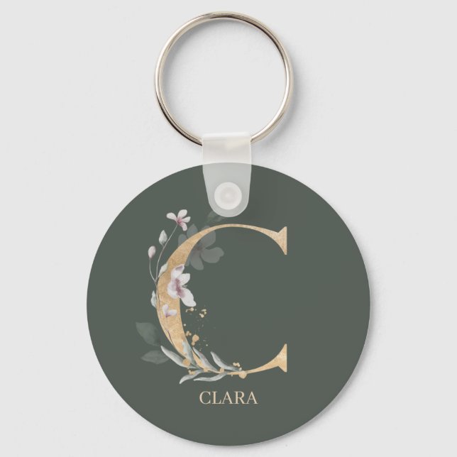 Porte-clés C Monogramme Floral Personnalisé (Recto)