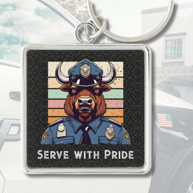 Porte-clés Cadeau de bison personnalisé pour les policiers Pa (Custom Text Bison Gift for Police Officers Dad Him)