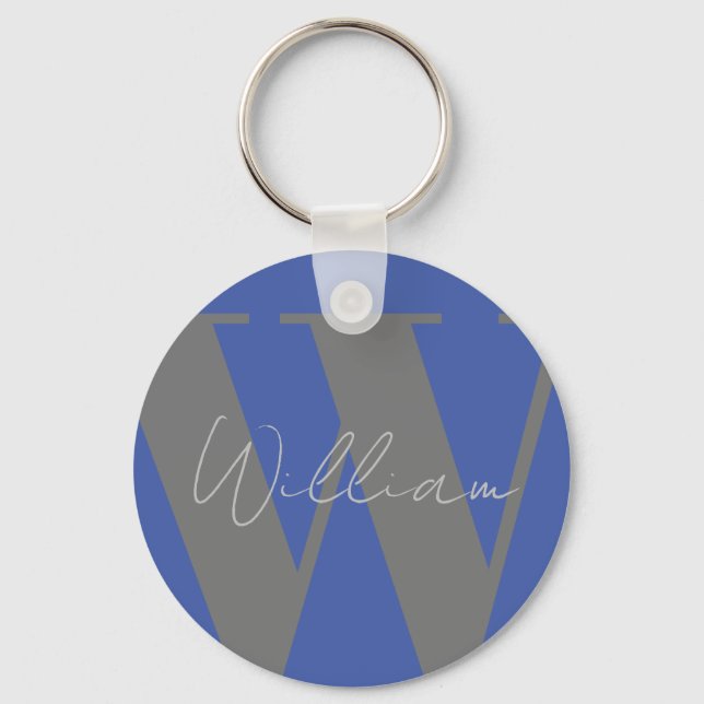 Porte-clés cadeau de clé Monogramme nom bleu gris élégant (Recto)