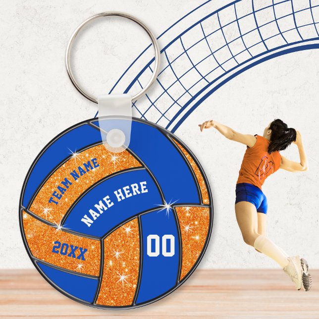 Porte-clés Cadeaux d'équipe de volleyball orange et bleu pers (Blue and Orange, personalized volleyball souvenirs. Cheap volleyball team gifts. Volleyball goodies.)