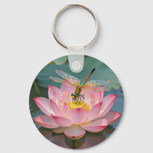 Porte-clés Cadre Art Nouveau Libellule Élégante Lotus Rose