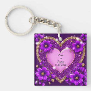 Porte-clés Cadre Cœur Violet avec Paillettes et Fleurs