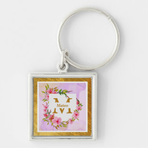 Porte-clés Cadre en or à fleurs d'aquarelle   Nom personnalis