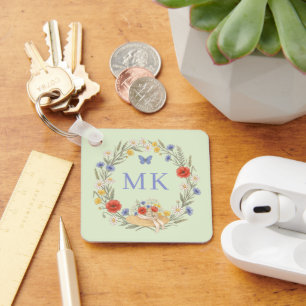 Porte-clés Cadre Fleur Sauvage Papillon Monogramme Sauge