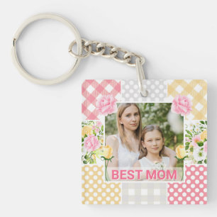 Porte-clés Cadre photo fleuri et à carreaux pour la fête des 