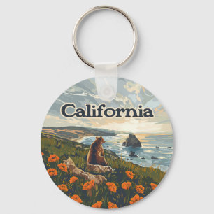 Porte-clés Californie Bear Poppies Fleurs Côte Retro