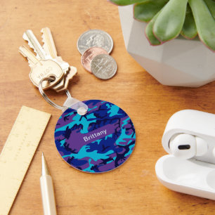 Porte-clés Camouflage bleu foncé & violet Motif Ajouter Nom