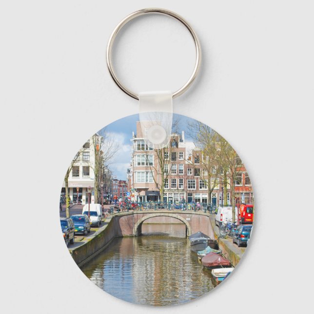 Porte-clés Canal d'Amsterdam avec bateaux (Recto)