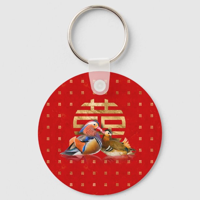 Porte-clés Canards mandarins et bonheur double sur rouge (Recto)