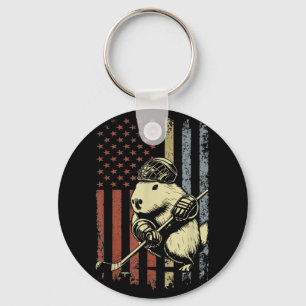Porte-clés Capybara Jouer Hockey Drapeau Américain Capybara H