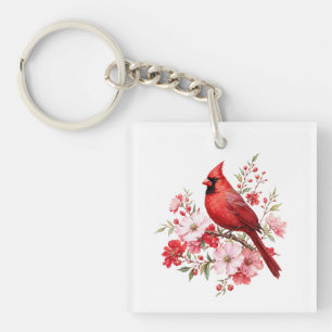 Porte-clés Cardinal Rouge Floral Ornithologue Aquarelle Natur